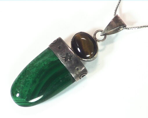Malachite And Tiger Eye Natural Genuine Gemstone Sterling Silver Pendant PSS,813
