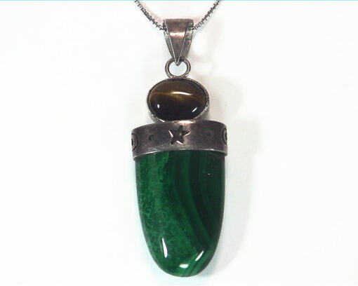 Malachite And Tiger Eye Natural Genuine Gemstone Sterling Silver Pendant PSS,813