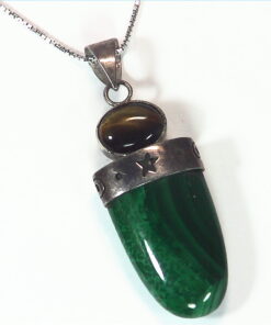 Malachite And Tiger Eye Natural Genuine Gemstone Sterling Silver Pendant PSS,813