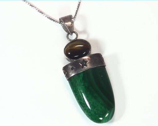 Malachite And Tiger Eye Natural Genuine Gemstone Sterling Silver Pendant PSS,813