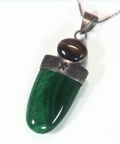 Malachite And Tiger Eye Natural Genuine Gemstone Sterling Silver Pendant PSS,813