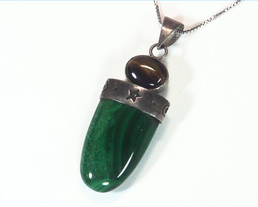 Malachite And Tiger Eye Natural Genuine Gemstone Sterling Silver Pendant PSS,813