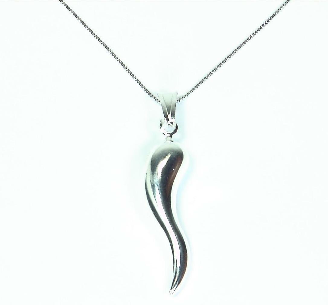 Beautiful Italian Horn Good Luck Rhodium Plated Sterling Silver Necklace 18"