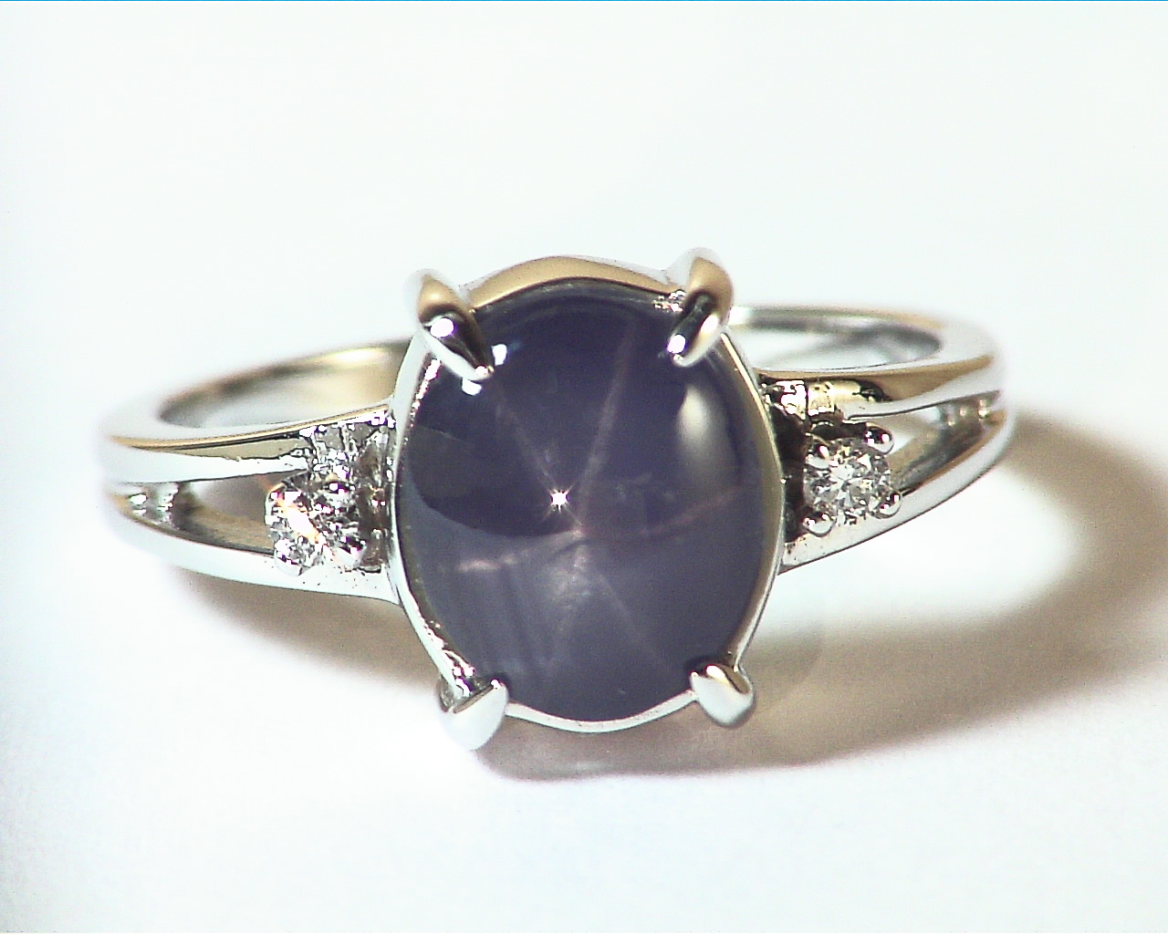 Blue Star Sapphire Diamond Natural Genuine Gemstone White Gold Ring RSS,410 - Image 2