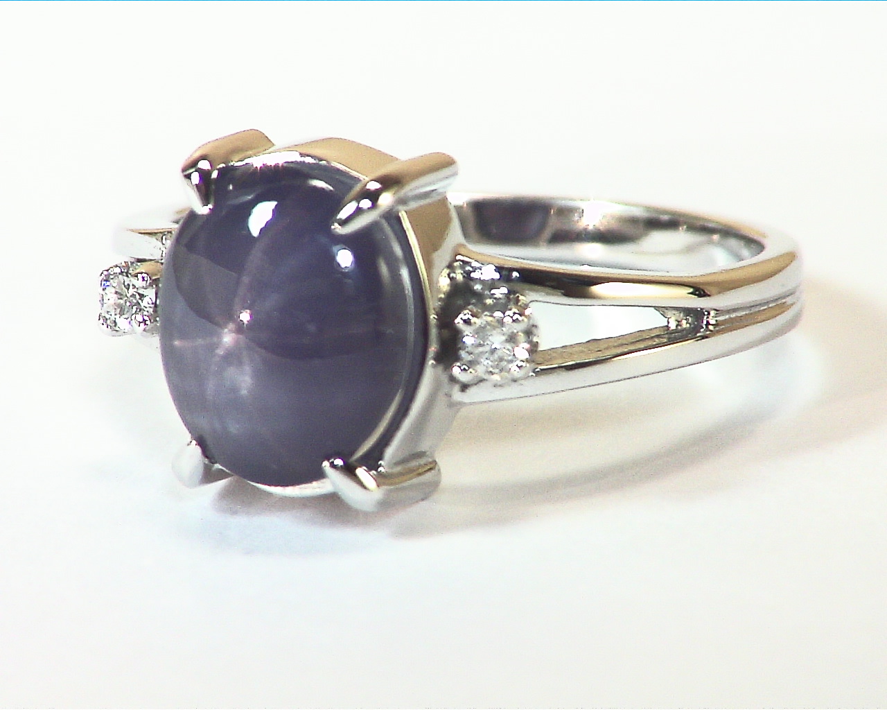 Blue Star Sapphire Diamond Natural Genuine Gemstone White Gold Ring RSS,410 - Image 4