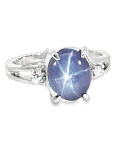 Blue Star Sapphire Diamond Natural Genuine Gemstone White Gold Ring RFK,410