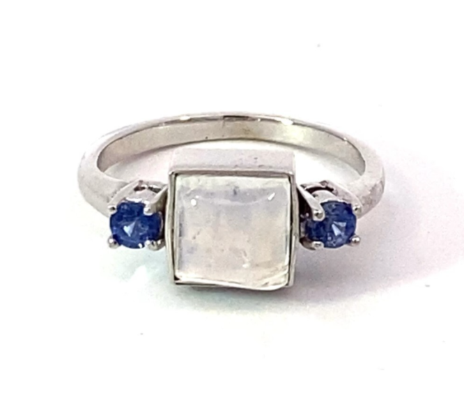 Blue Moonstone Genuine Gemstone Set with Sapphire's in 14 KT Gold Ring,RFK531