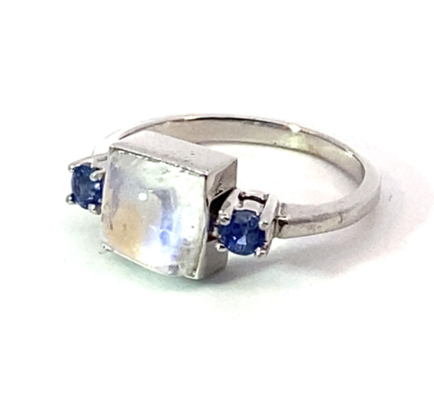 Blue Moonstone Genuine Gemstone Set with Sapphire's in 14 KT Gold Ring,RFK531 - Image 2