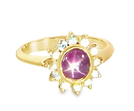 Star Ruby Diamond 18 KT Gold Cluster Engagement Ring H14 - Image 5