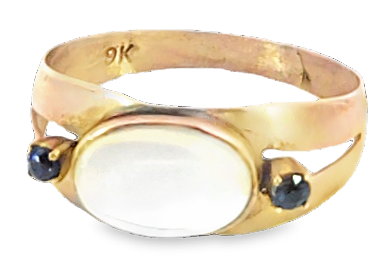Moonstone Genuine Gemstone Set with Blue Sapphire's in 9 KT Gold Lady's Ring, H95 - Image 5