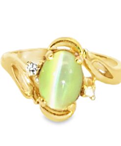 Cats Eye Chrysoberyl and Diamond Natural Genuine Gemstones Yellow Gold Ring H1