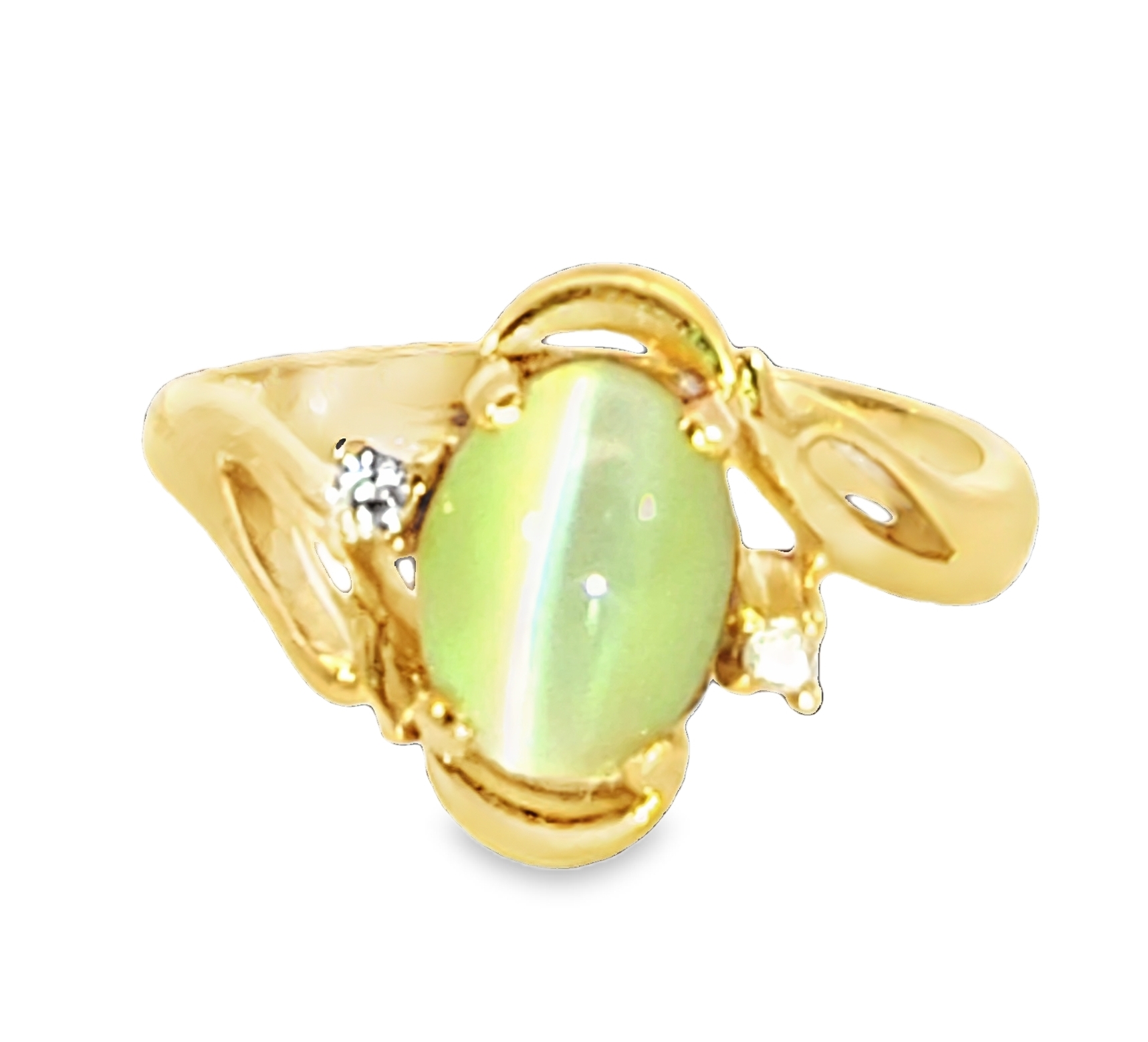 Cats Eye Chrysoberyl and Diamond Natural Genuine Gemstones Yellow Gold Ring H1