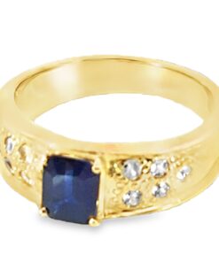 Blue Sapphire Natural Genuine 18 KT, Yellow Gold Diamond Engagement RingH20